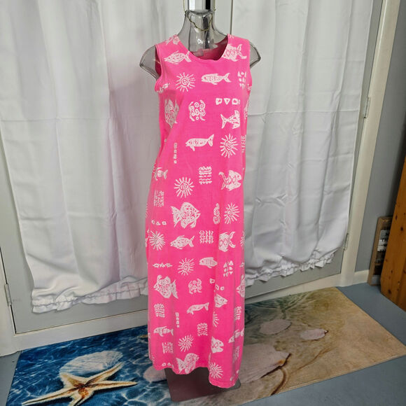 90s Mayan Fish Pink Beach Dress Cruise Loungewear Cotton Vintage Size M - Picture 1 of 9
